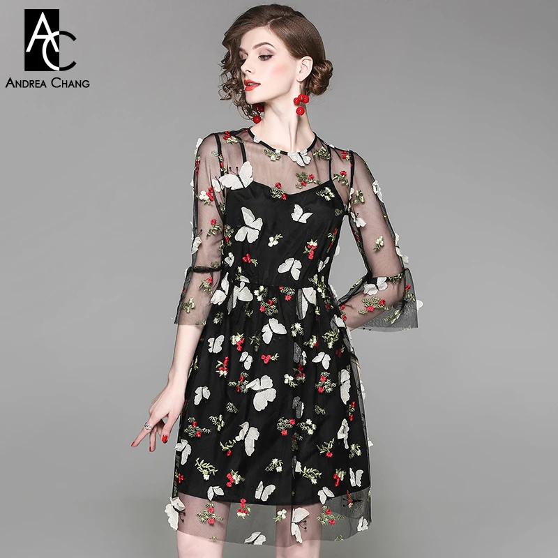 white gauze flowers embroidered dress