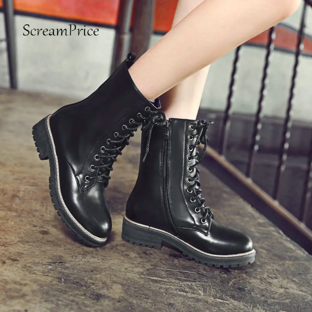Comfortable Flat Ankle Boots Women Black Pu Leather Winter Fashion 