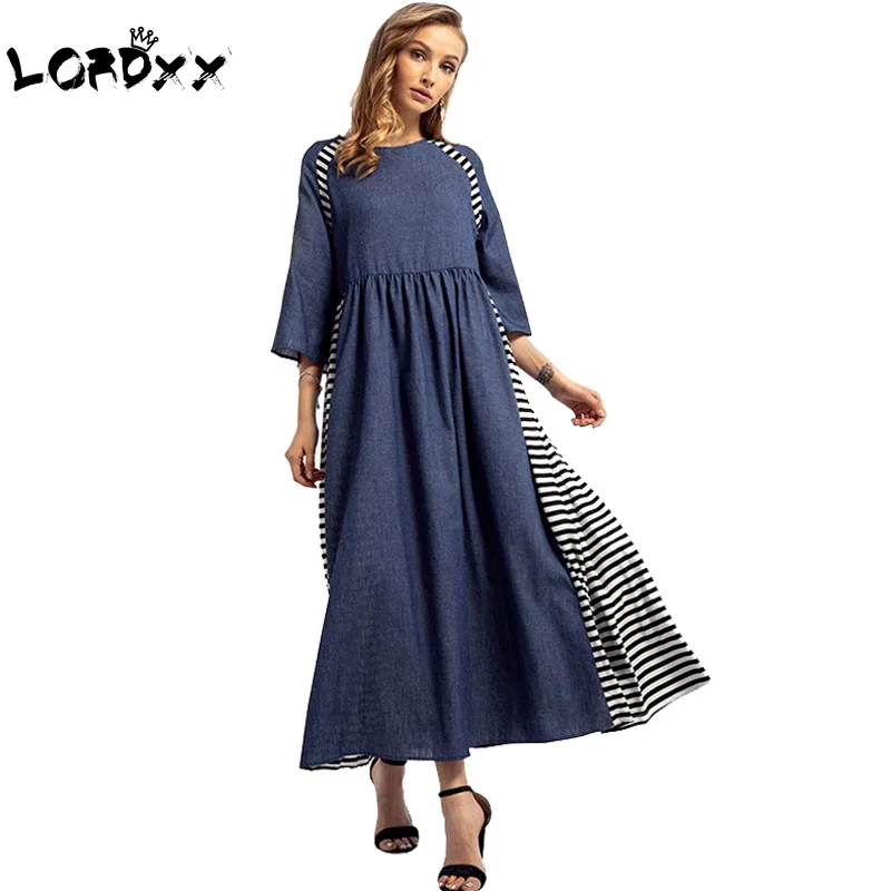 Повседневное платье LORDXX Abaya Хлопковое макси в полоску с круглым вырезом