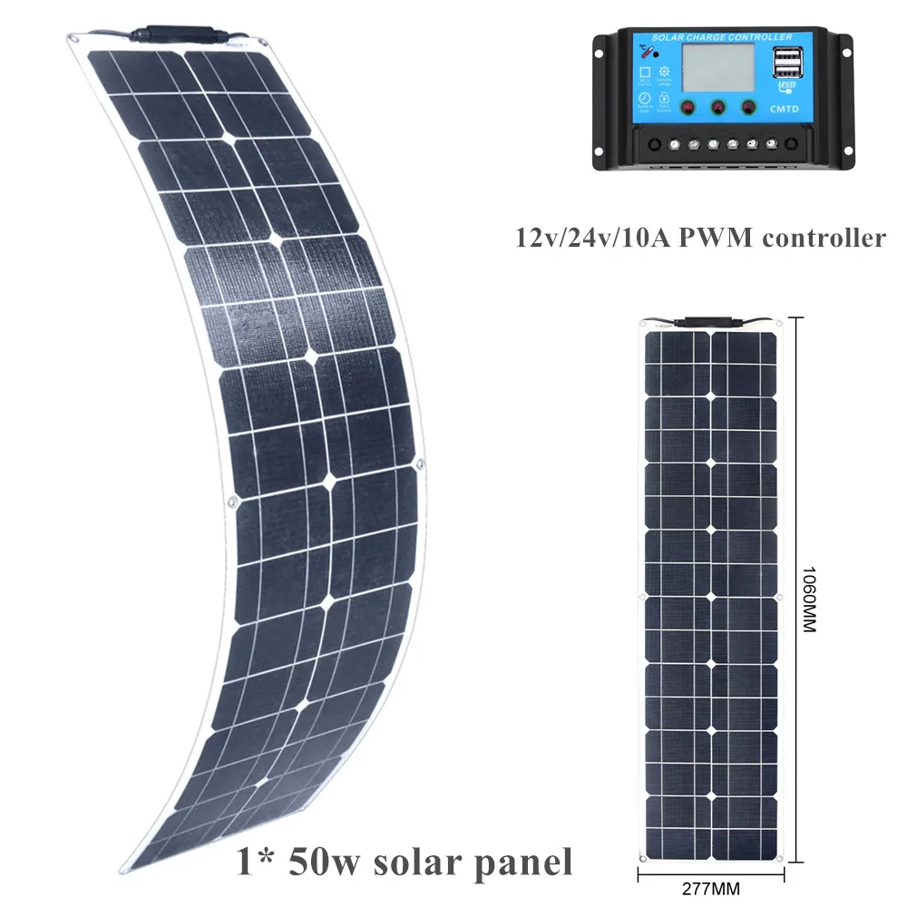 

XINPUGUANG 50W Solpanel flexible ETFE Solar Panel system kit Battery Charger Bwith 12v/24v 10A PWM controller Double USB Ports