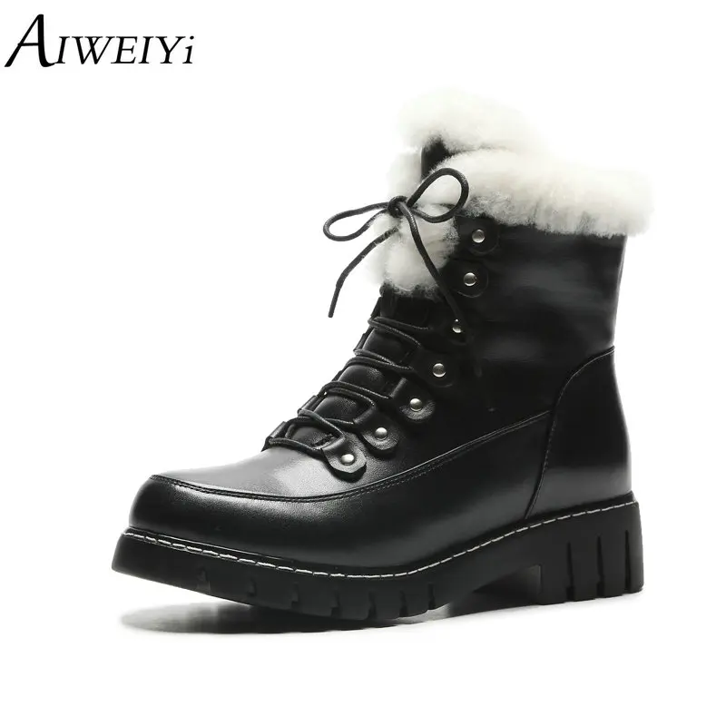 AIWEIYi Genuine Leather Ankle Boots Warm Fur Snow Boots Thick Heel Med