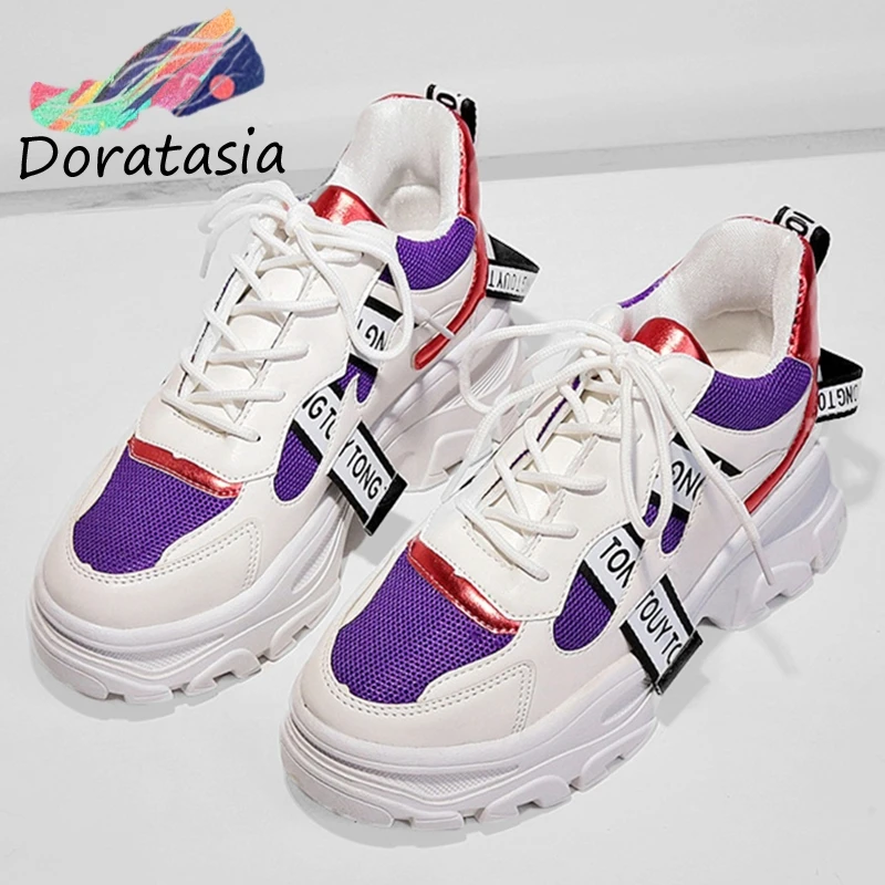 

DORATASIA INS Hot Sale 2019 Spring Dad Shoes Woman lace-up mixed-color Tennis Sneakers Women Soft Flat Platform Shoes Ladies