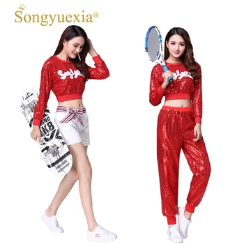 

Songyuexia Red New Sequins jazz Modern hip-hop dance Costumes Woman Cheerleading stage dance Costumes for Adult