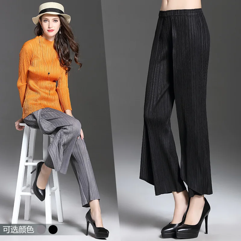 Большие размеры, женские брюки, весна-осень, модные, однотонные, тонкие, стрейч, Miyake, плиссированные прямые брюки, черный, серый, для веса 50-75 кг