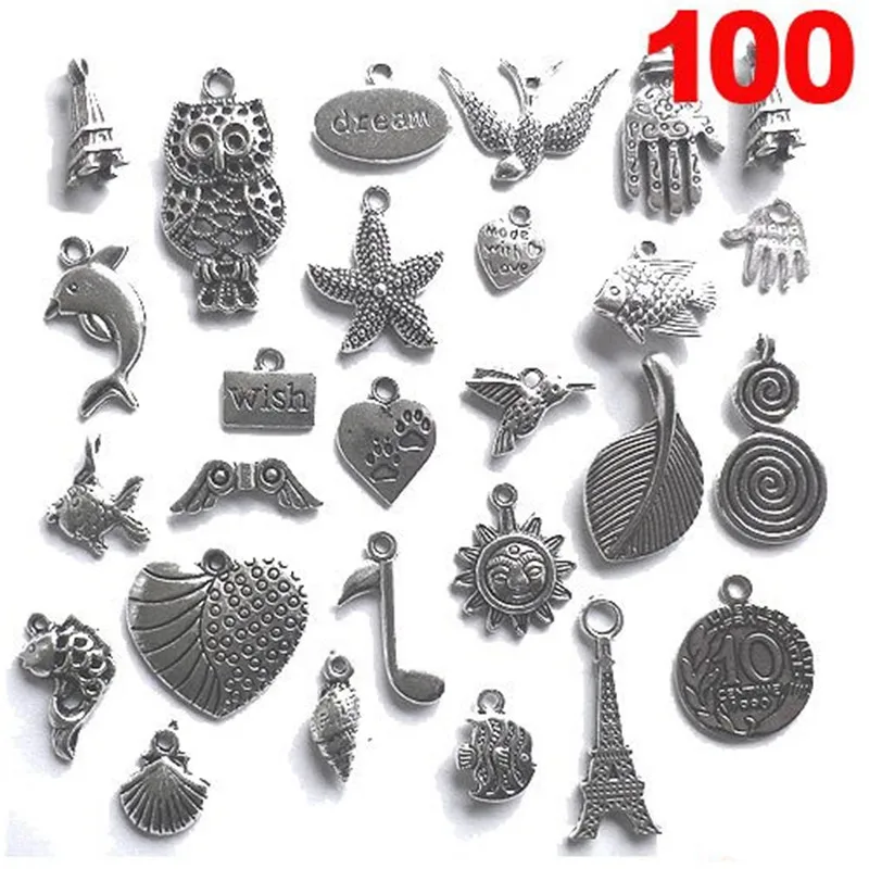 

100 Piece Silver Pewter Color Charms Pendants Mega Mix DIY for Jewelry Making and Crafting Necklace Accessories