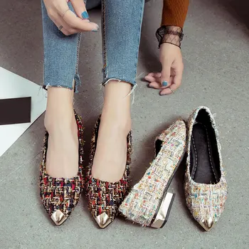 

Women Spring Flats Gold Pointed Toe Slip on Flat Casual Shoes Metal Heel Female Shoes Plaid Boat Shoes Shallow Ladies Footwears