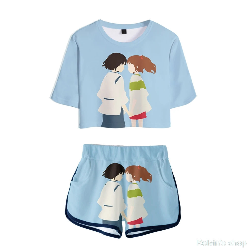 2019 Hot Sale New Spirited Away japaness Women Two Piece Set Shorts and shirts sexy Navel tshirt K-pops sets Plus Size Crop Top | Женская
