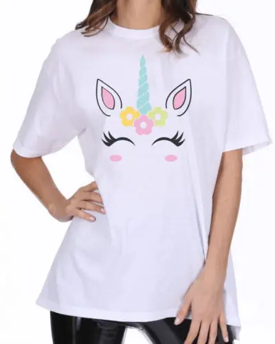 

Cute Unicorn Head Ladies White T-Shirt Casual Loose Fit T-Shirts Kids & Adults Cartoon t shirt men Unisex New Fashion tshirt