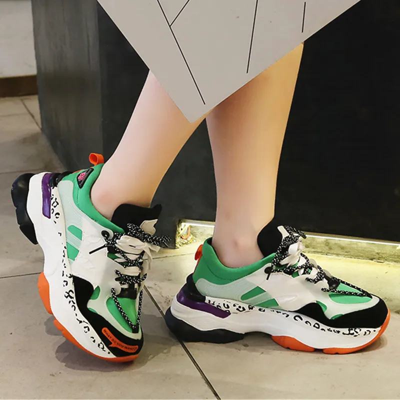 

Women Casual Shoes Autumn Fashion Leopard Print Lace-up Mix Color Platform Shoes Woman Sneakers Ladies Trainers Femme 1916w