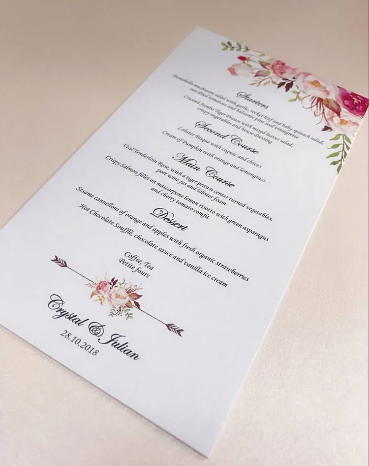 ME05 индивидуальные цветочные свадебные карточки меню