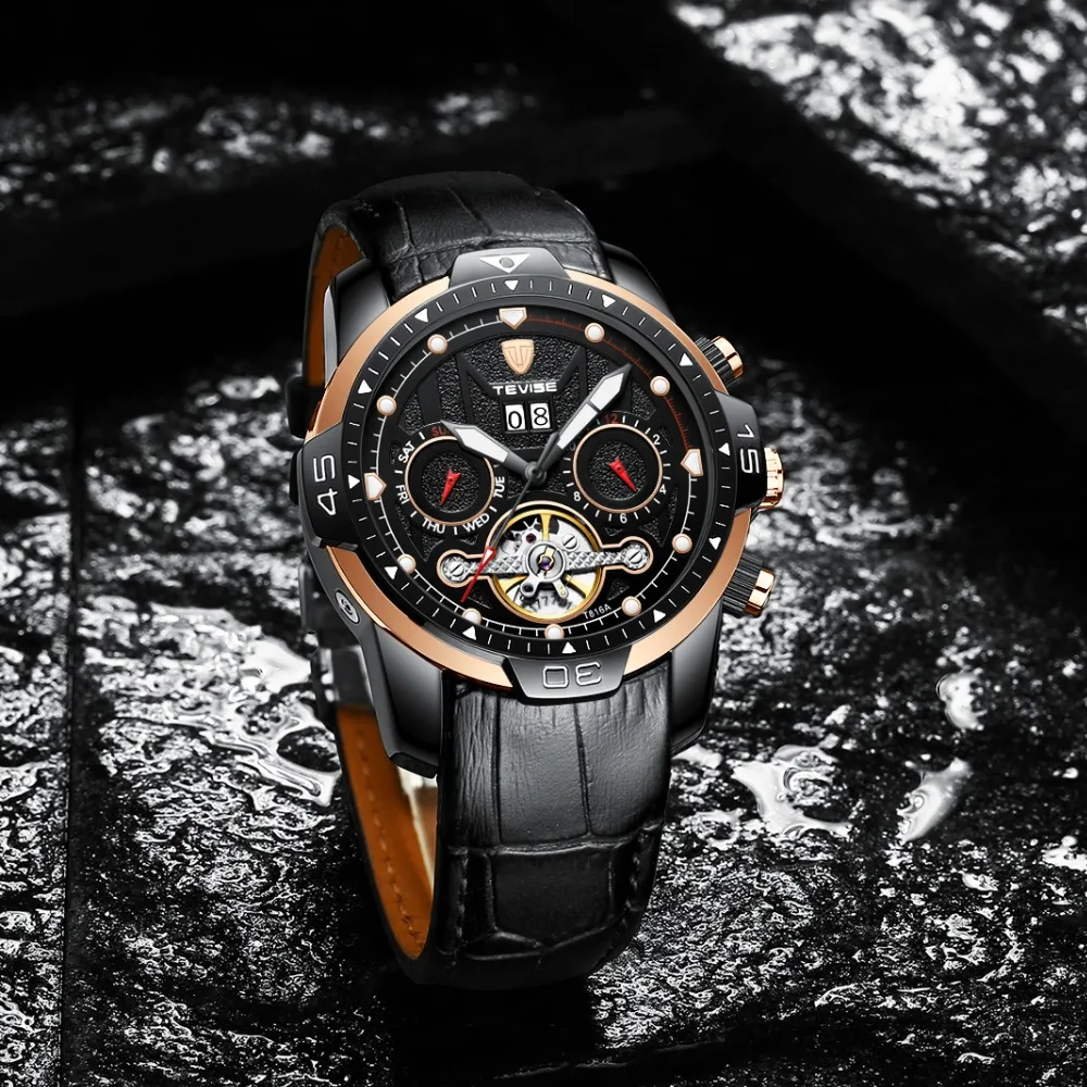 TEVISE الأعمال الرجال التلقائي ساعات آلية الذاتي الرياح جلدية ووتش توربيون السيارات تاريخ أسبوع التقويم المعصم
