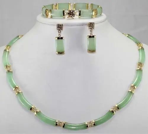 

j00152 Natural Green Jade Link Necklace Bracelet earrings Set
