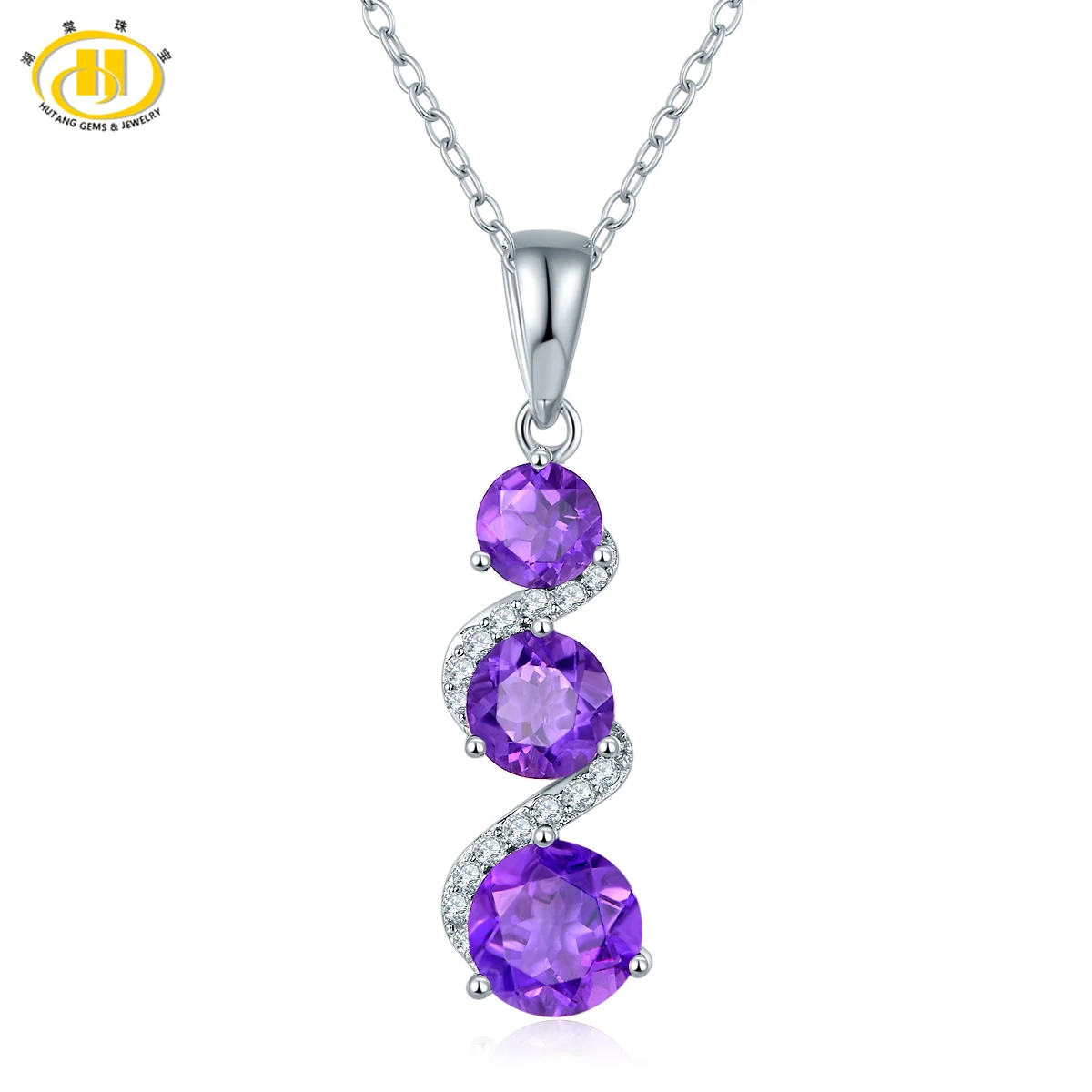

Hutang 3-stone Natural Amethyst Pendant Necklaces Solid 925 Sterling Silver Gemstone Fine Jewelry 2017 New Style