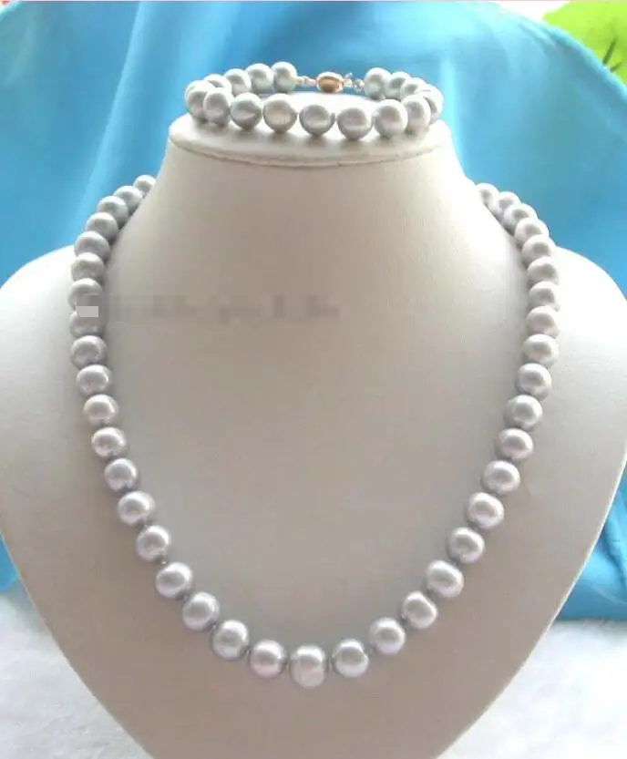 

Free shipping hot sale Women Bridal Wedding Jewelry >>17" Genuine Natural 11mm Gray Round Pearl Necklace Bracelet set