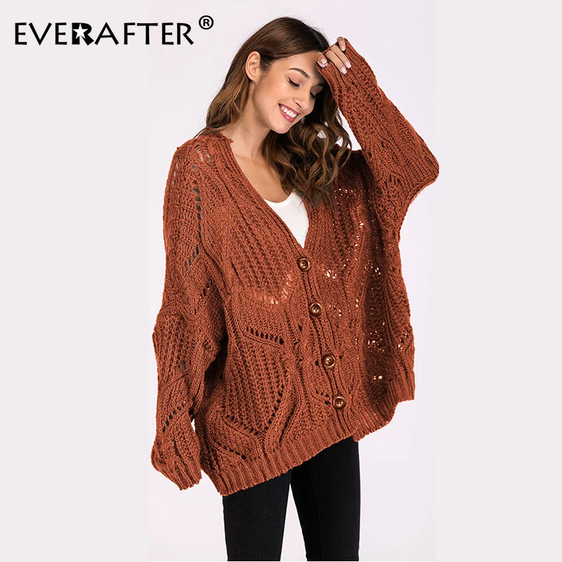 

EVERAFTER Knitted V neck solid sweater women loose long sleeve button hollow out fashion pullovers 2019 Autumn winter sweaters