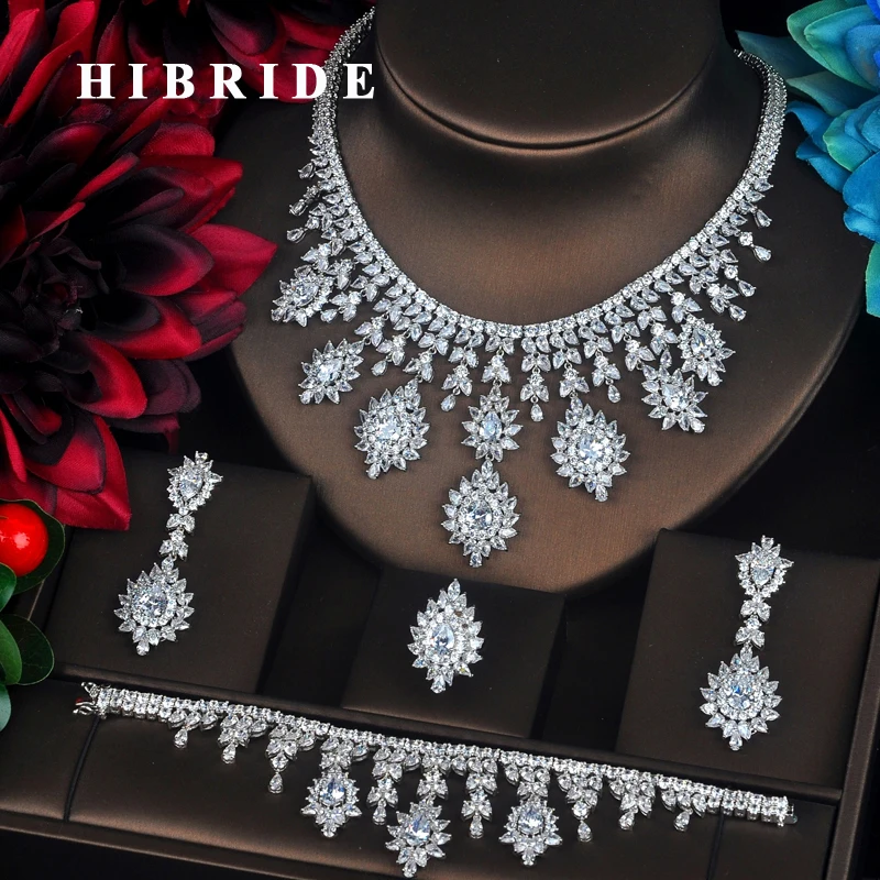 

HIBRIDE 4 PCS Sets Luxury Shinny Cubic Zirconia Queen Women Jewelrt Sets Bridal Fashion Jewelry Wedding Party Necklace Set N-334