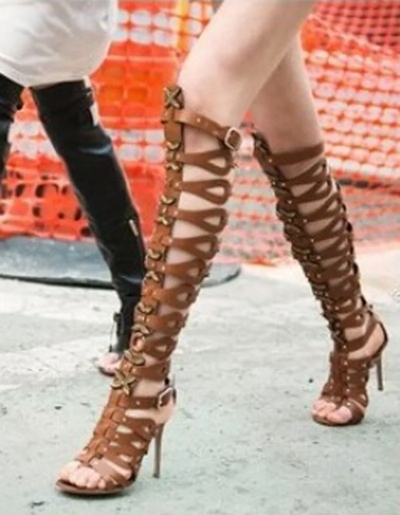 2015 new fashion cut-outs cage style high heel sandals open toe knee high woman summer boots high quality gladiator sandals