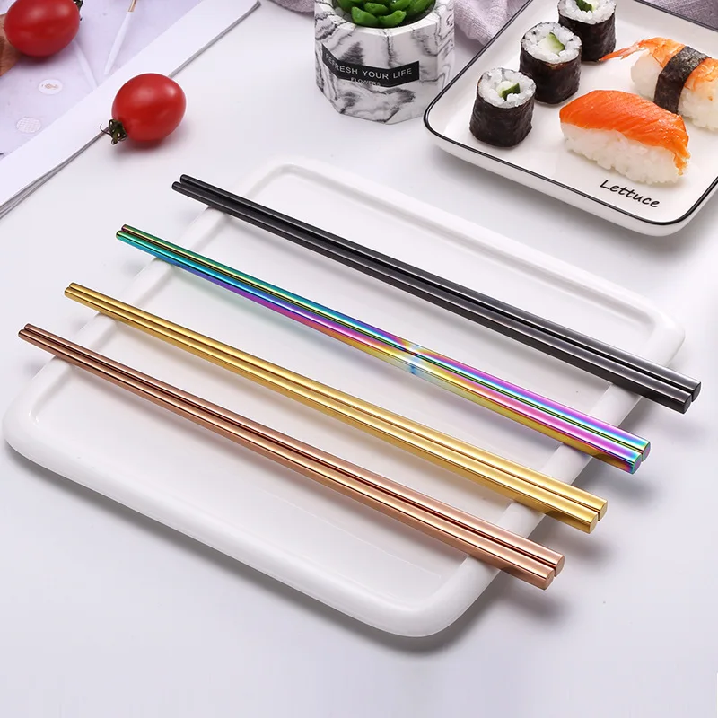 

A Set of 5 Pairs of 304 Stainless Steel Chopsticks Hollow Titanium Non-slip Square Chopsticks Chinese Household Creative Chopsti