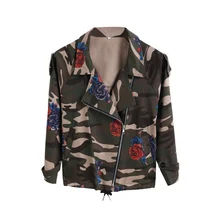 Хороший Femme плюс Размеры осень-зима армия камуфляж с длинным рукавом Роза Цветочный принт короткие Для женщин Джинсовые куртки Chaqueta пальто