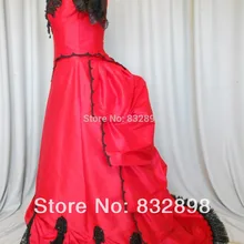 В викторианском стиле, бальное платье в красный с черными кружевами и планки/Vintage Платье