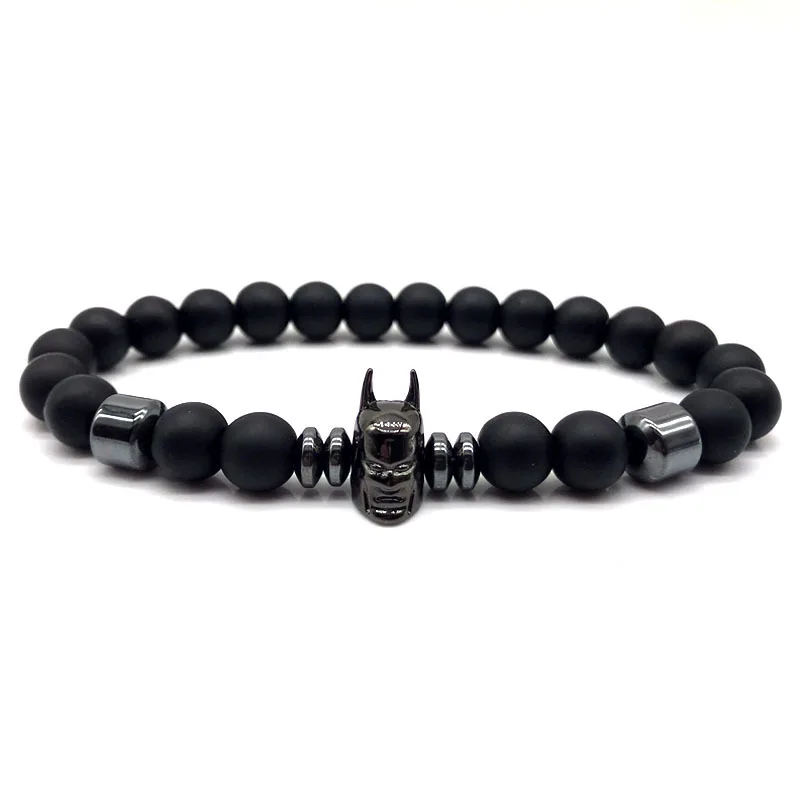 

New Fashion Batman Men Bracelets Skull Helmet CZ Charm Classic Black 8mm matte Nature Stone Bracelet For Men Jewelry Gift