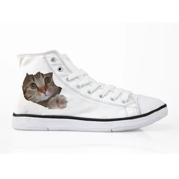 

White 3D Cats Printed Canvas Shoes High Top Vulcanize Summer Flat Sneakers School Girls Footwears Women Zapatillas Hombre Female