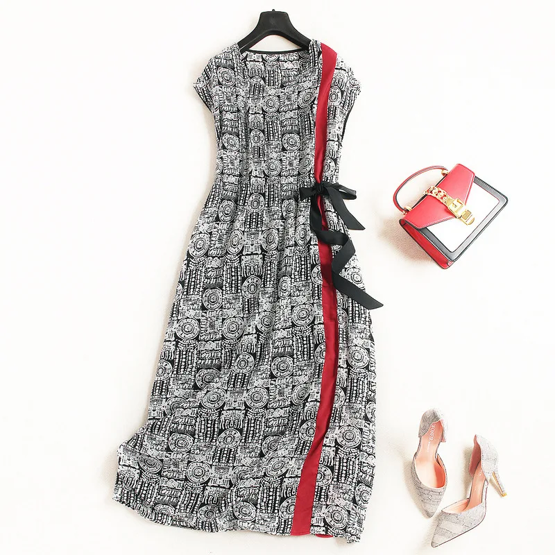 

Silk dress is the new summer 2018 female contracted loose printed with tall waist teamed with short sleeves, 3110