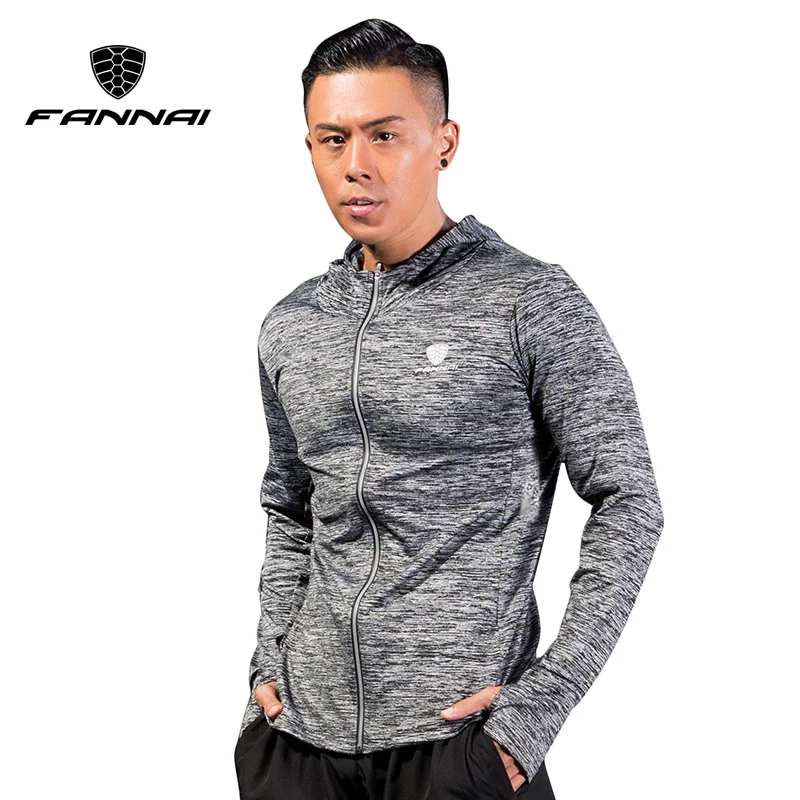 Cena FANNAI mężczyźni kurtka do biegania sport z długim rękawem T Shirt Tight fitness Gym piłka nożna odblaskowe szkolenia płaszcz Jogging kurtki z kapturem