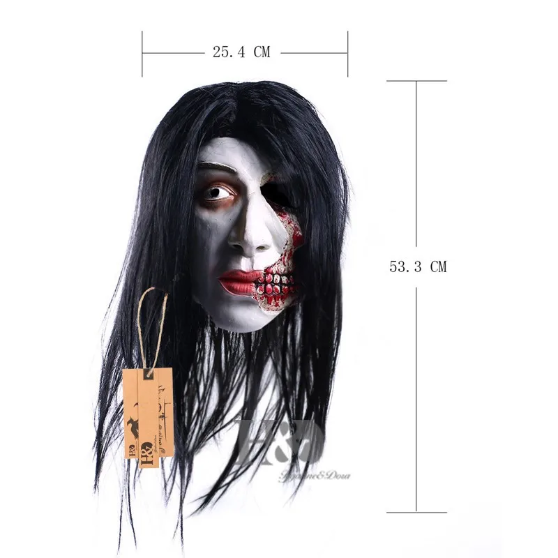 Latex Scary Long Black Hair Disfigured Full Mask Cosplay Ghost Adult Party Mask Halloween Props Masquerade Fancy Dress Costume 