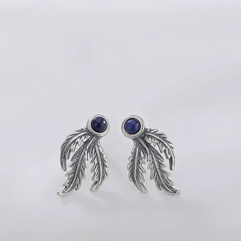 

2018 Vintage Female Girls Natural Stone Stud Earrings For Women Fashion 925 Sterling Silver Feather Earings Fashion Jewelry