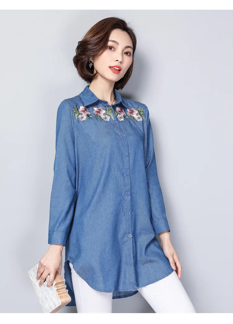 Large Size women's Denim Flower Embroidered Shirt Denim Blouse Ladies ...