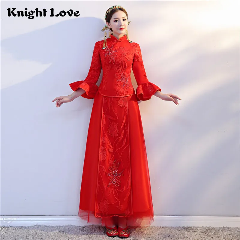 Лидер продаж Винтаж китайский стиль платье Феникс Ципао костюм красный невесты Традиционный Тан вышивка Qipao китайское свадебное
