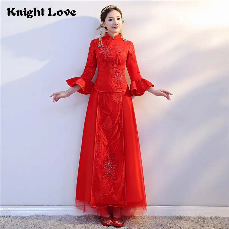 

Hot Vintage Chinese Style Dress Phoenix Cheongsam Costume Red Bride Traditional Tang Suit Embroidery Qipao Chinese Wedding Dress