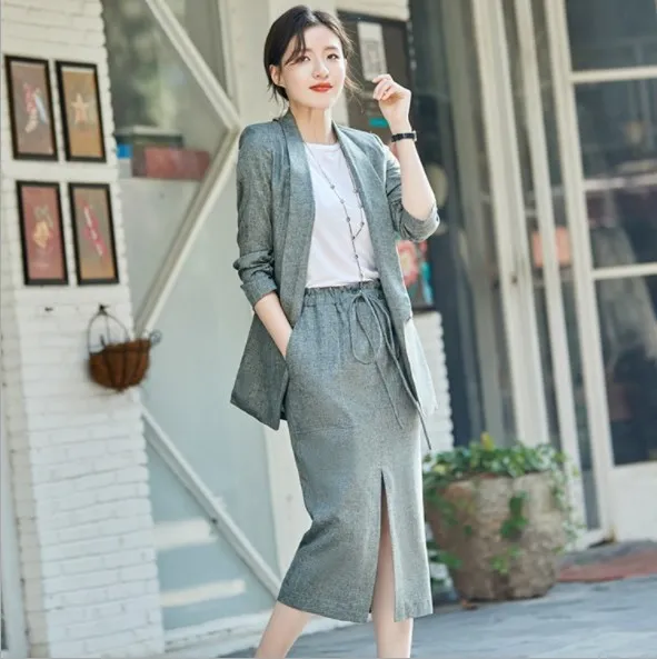 

Ladies Yellow Khaki Gray Long Skirt Suit for Women Work Wear Skirts Suits Summer Three Quarter Sleeve Blazer + Knee Length Skirt