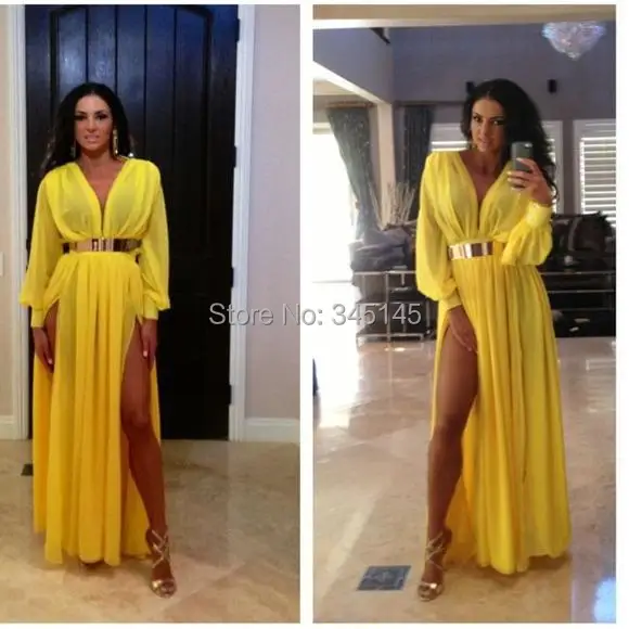 

Yellow Sheath Evening Dresses with Long Sleeves Side Slit and Sash Pleated Skirt Floor Length