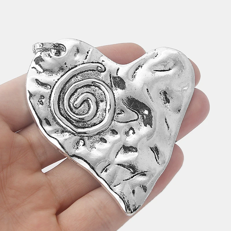 

5pcs Large Antique Silver Tone Spiral Swirl & Hammered Heart Shaped Charms Pendants