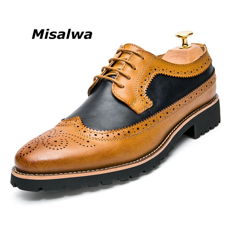 baratas Misalwa Masculino Couro Natural Marrom Sapatos Formale Vestido Amarelo Sapatos de Escritório de Negócios Brogue Oxfords Casamento Derby