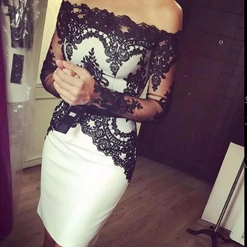 

White And Black Lace Knee Length Custom Cocktail Dresses With Long Sleeves Boat Neck Short Party Dress Gowns 2018 New Fashion