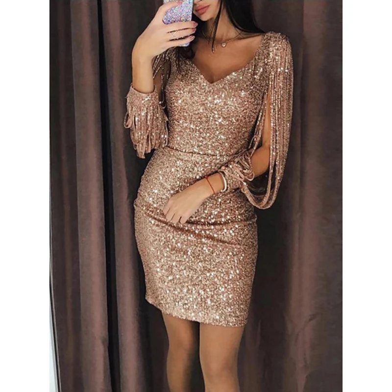 

Sexy Party Nightclub Bodycon Dress Women V-neck Sequined Tassel Long Sleeve Package Hip Skinny Mini Dresses Vestidos SJ1475M