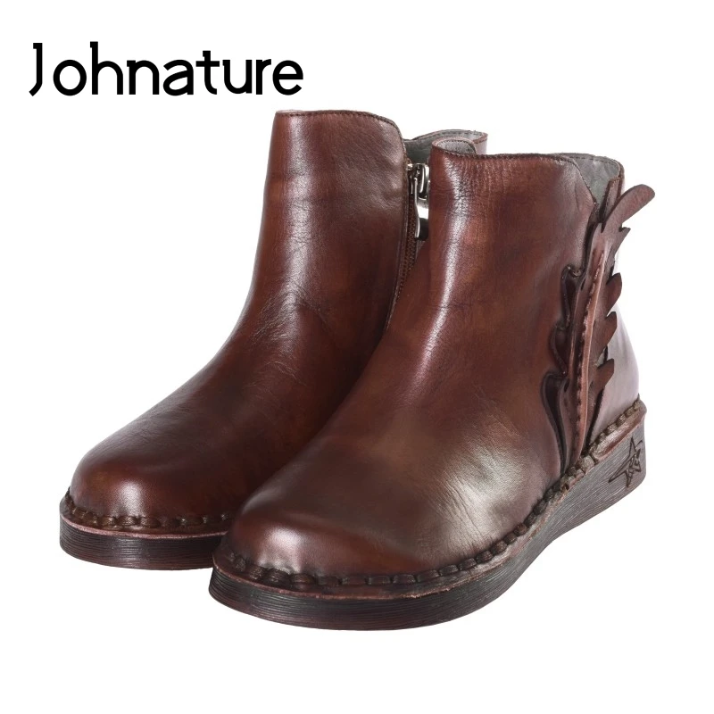 

Johnature Genuine Leather Ankle Platform Boots Zipper Flat With 2020 New Autumn/Winter Round Toe Sewing Retro Women Shoes