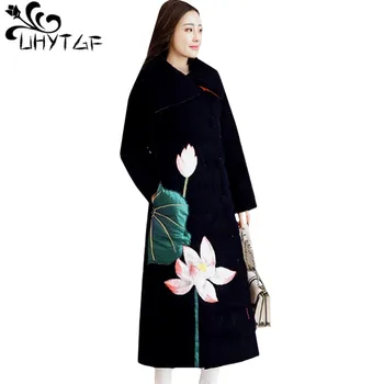 

UHYTGF M-3XL luxury long outerwear Parker women Retro winter cotton coat Single breasted embroidery Slim Snow warm winter coat73