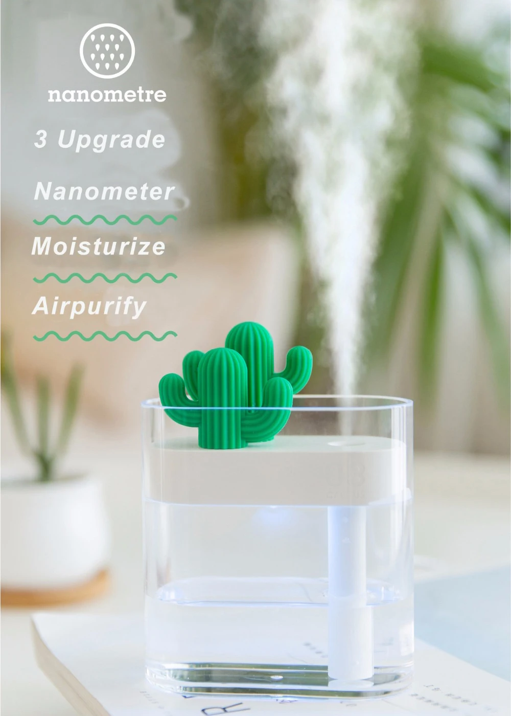 160 мл прозрачный автоматический очиститель воздуха, цветной светильник, офисный стол, кактус, увлажнитель, отрицательные ионы, аэрозоль, диффузор, благовония, горелки