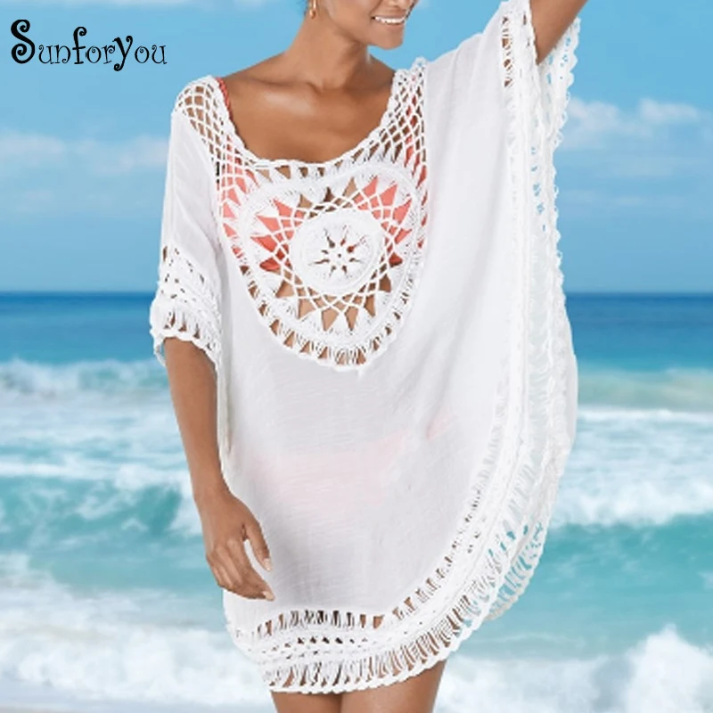 Crochet Cover up 2018 Tunic for Beach Women Swimwear Beach Cover up