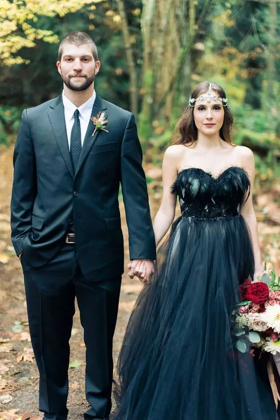 Woodland Nymph in a Black Wedding Dresses vintage retro feather strapless bohemian sweep train gothic wedding gown