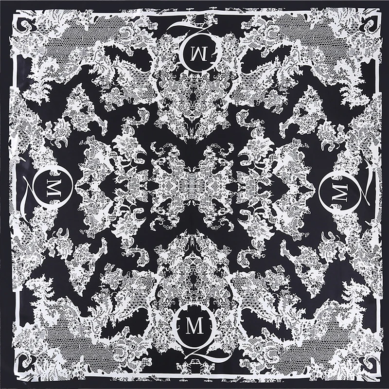 O CHUANG Fashion Silk Scarf Black Flower Print Large Luxury Brand Wraps Shawl Head Foulard Soie Square Women Scarves 90X90