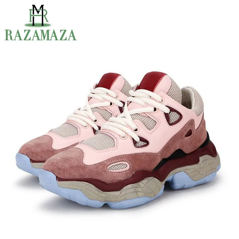 

RAZAMAZA Women'S Sneakers Genuine Leather Mixed Color Outdoor Brand New Shoes Women Lace Up Jogging Wedges Sneaker Size 35-39