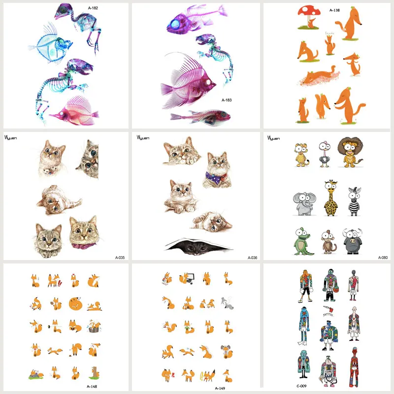 

Wyuen 9 PCS/lot Animal Fake Tattoo Watercolor Lion Cat Fossil Temporary Arm Tatoo Stickers for Woman Body Art Fox Tattoos JY-019