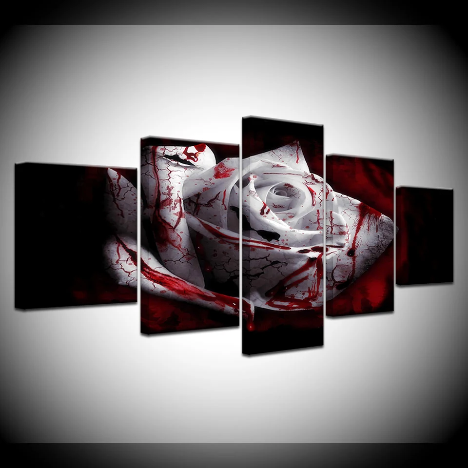 

Artwork Pictures Poster Modular HD Prints 5 Pieces Blood Dark White Rose Flower Painting Decor Living Room Canvas Frame Wall Art