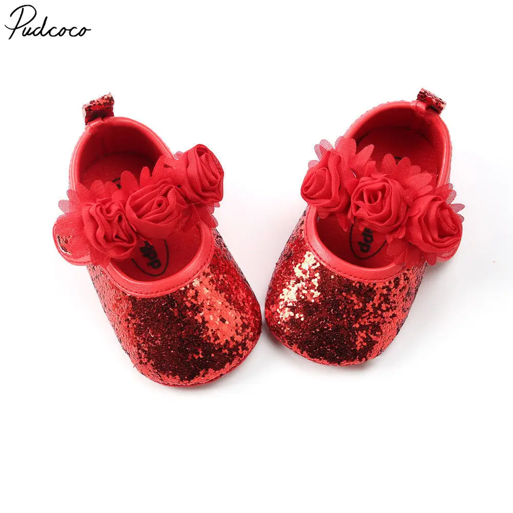 Pudcoco/детская обувь для новорожденных девочек; нескользящие кроссовки с блестками и цветочным рисунком для детей от 0 до 18 месяцев; Helen115