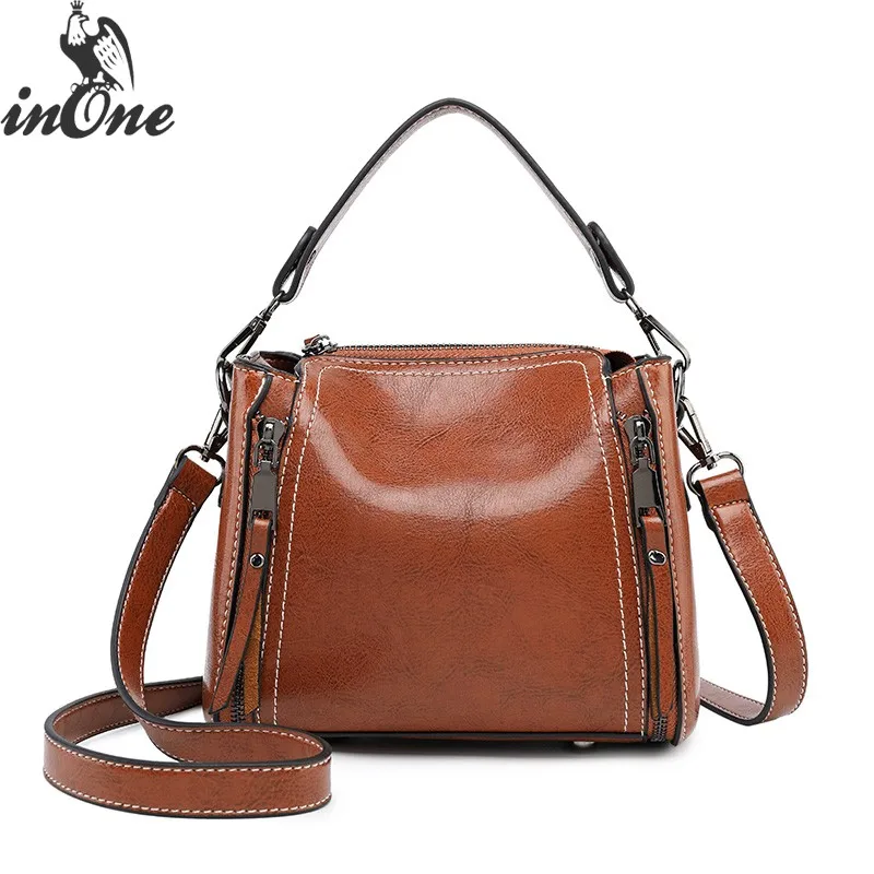 

INONE Luxury Bags for Women 2018 Bolsa Feminina Shoulder Handbag Bucket Waxy Oil Vegan Leather Travel Purse Bag with Side Zipper